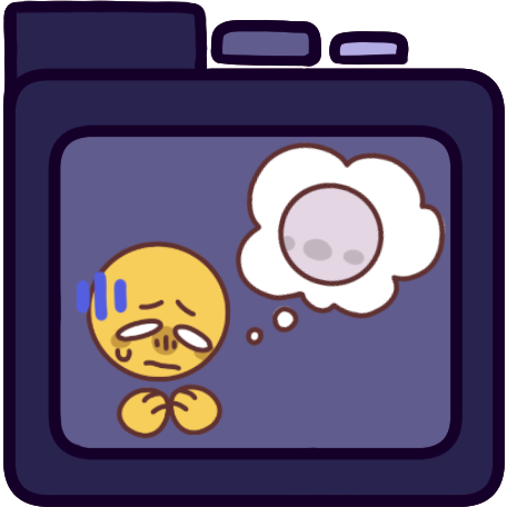 A purple file folder with a distressed looking person on it. The person has a though bubble next to them, in the thought bubble is another person.